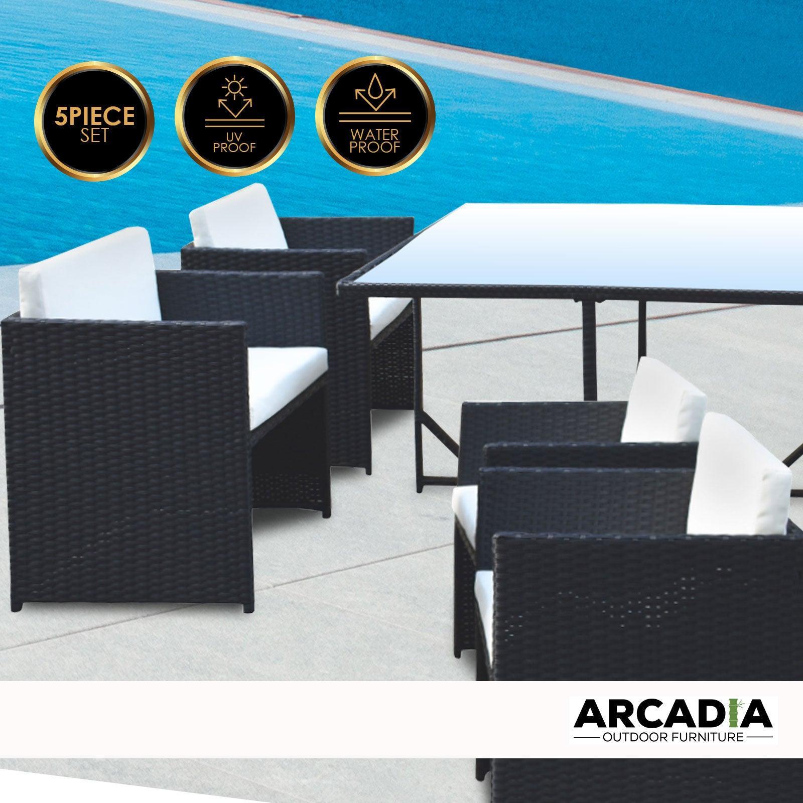 Arcadia Furniture 5 Piece Outdoor Dining Table Set Rattan Table Chairs Garden - Black and Grey - John Cootes