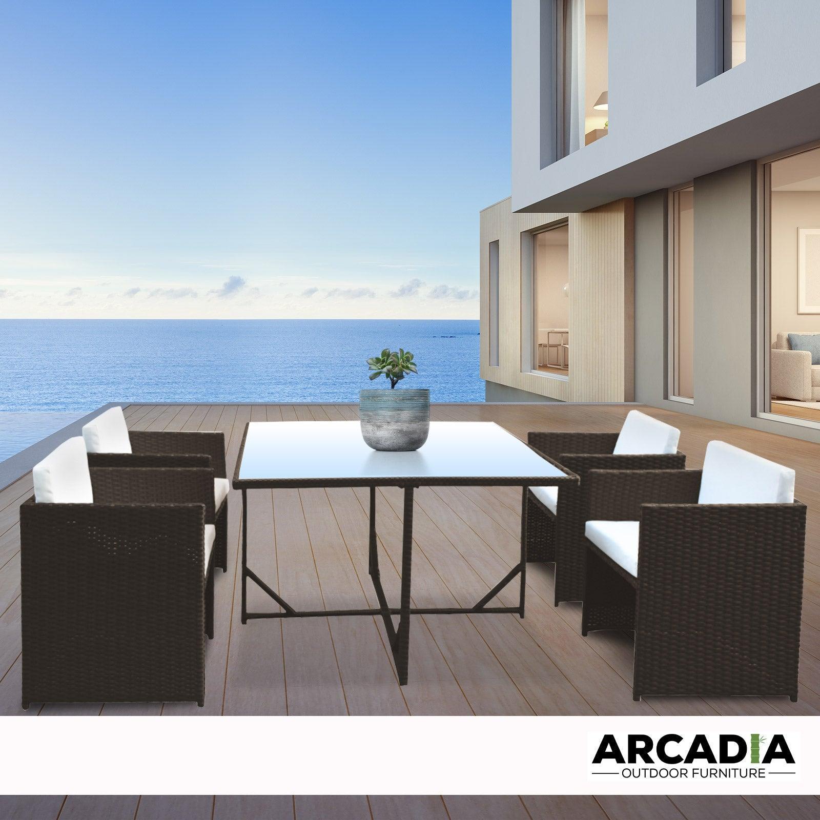 Arcadia Furniture 5 Piece Outdoor Dining Table Set Rattan Table Chairs Garden - Oatmeal and Grey - John Cootes