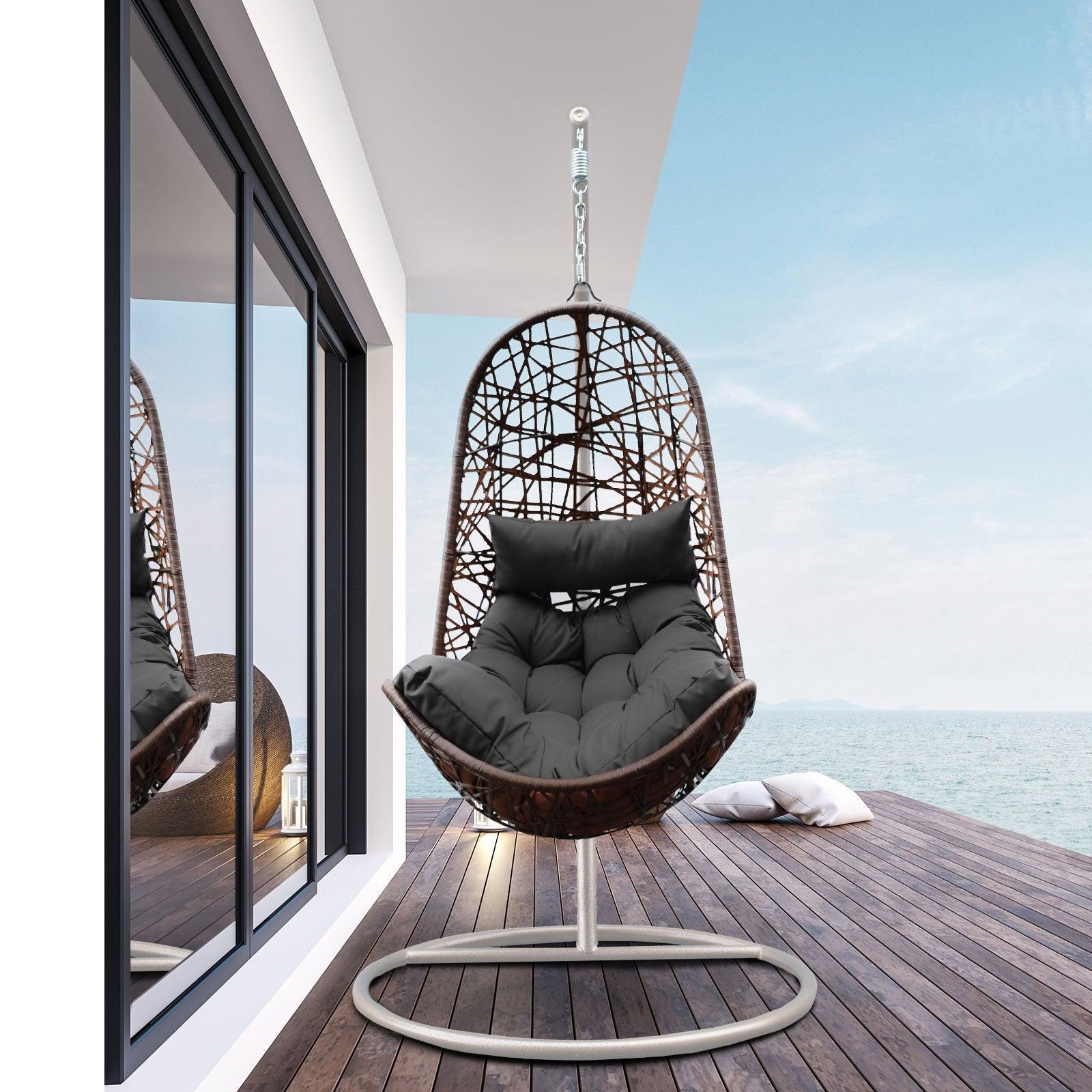 Arcadia Furniture Hanging Basket Egg Chair Outdoor Wicker Rattan Patio Garden - Oatmeal and Grey - John Cootes