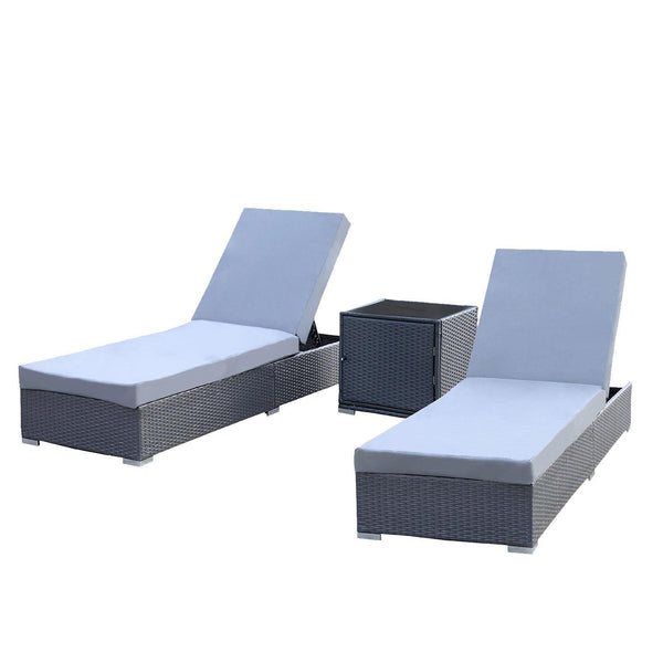 Arcadia Furniture Outdoor 3 Piece Sunlounge Set Rattan Garden Day Bed Lounger - Black and Grey - John Cootes