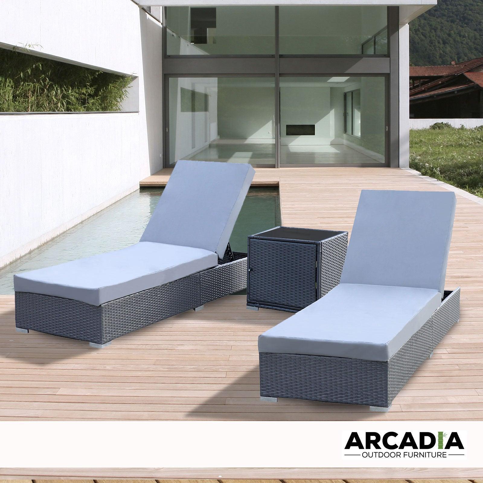 Arcadia Furniture Outdoor 3 Piece Sunlounge Set Rattan Garden Day Bed Lounger - Black and Grey - John Cootes