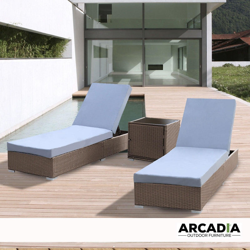 Arcadia Furniture Outdoor 3 Piece Sunlounge Set Rattan Garden Day Bed Lounger - Oatmeal and Grey - John Cootes