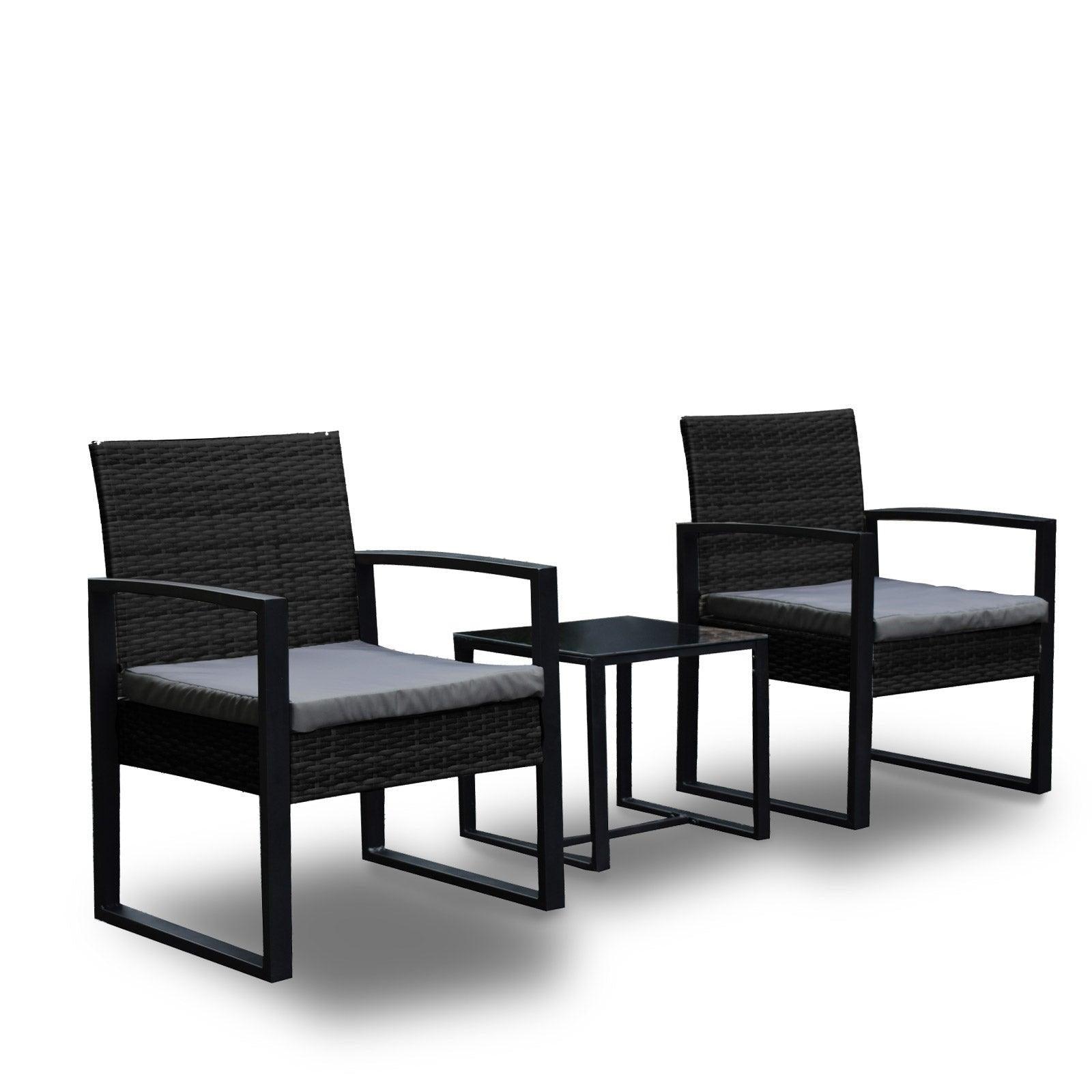 Arcadia Furniture Outdoor 3 Piece Wicker Rattan Patio Set Garden Patio Home - Black and Grey - John Cootes