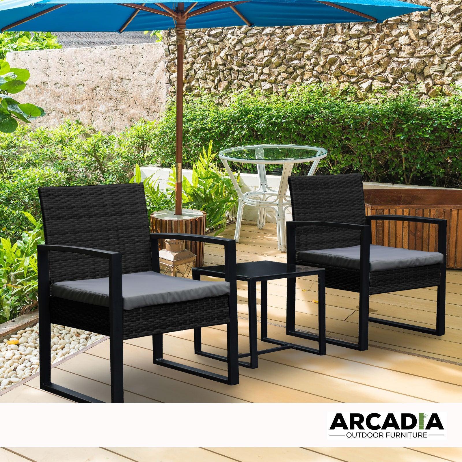 Arcadia Furniture Outdoor 3 Piece Wicker Rattan Patio Set Garden Patio Home - Black and Grey - John Cootes