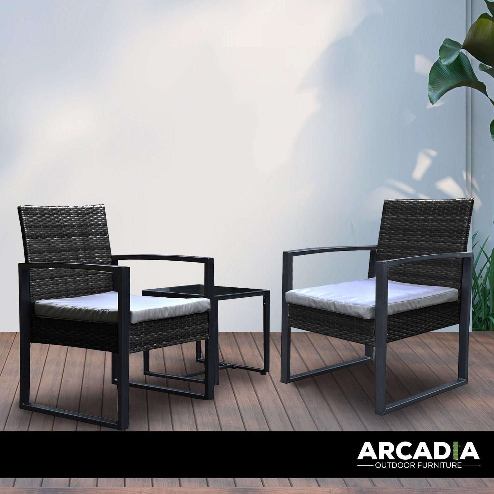 Arcadia Furniture Outdoor 3 Piece Wicker Rattan Patio Set Garden Patio Home - Black and Grey - John Cootes