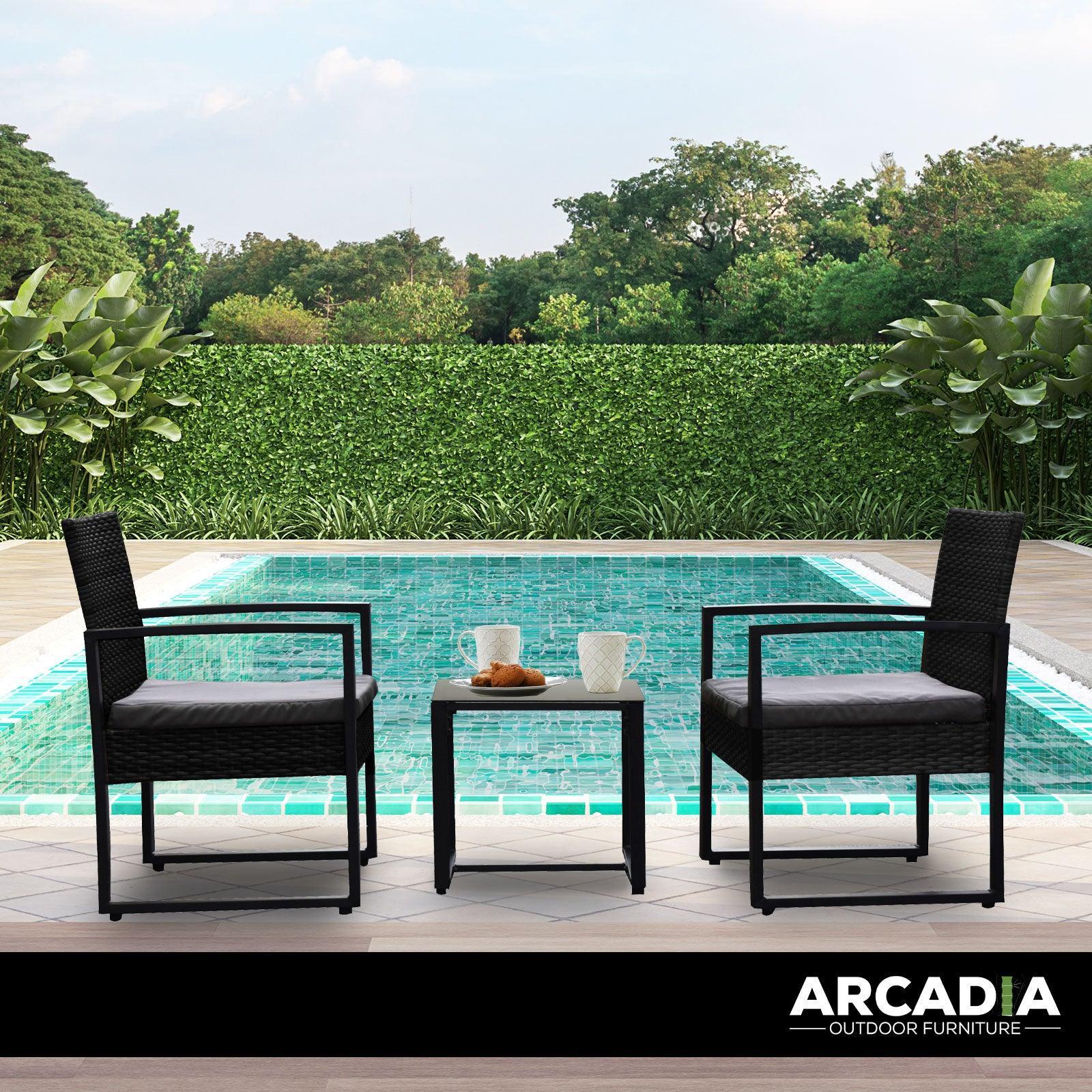 Arcadia Furniture Outdoor 3 Piece Wicker Rattan Patio Set Garden Patio Home - Black and Grey - John Cootes