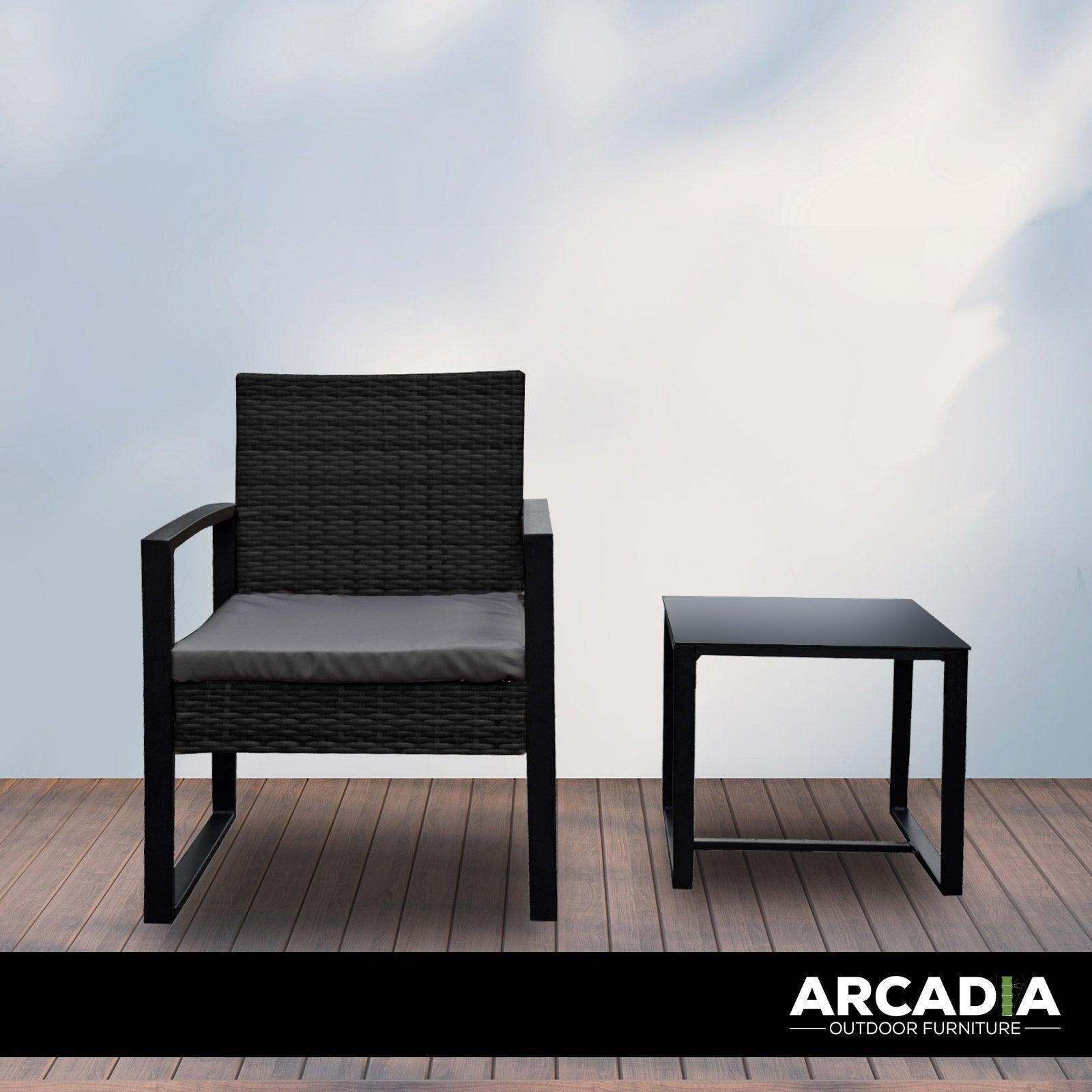 Arcadia Furniture Outdoor 3 Piece Wicker Rattan Patio Set Garden Patio Home - Black and Grey - John Cootes