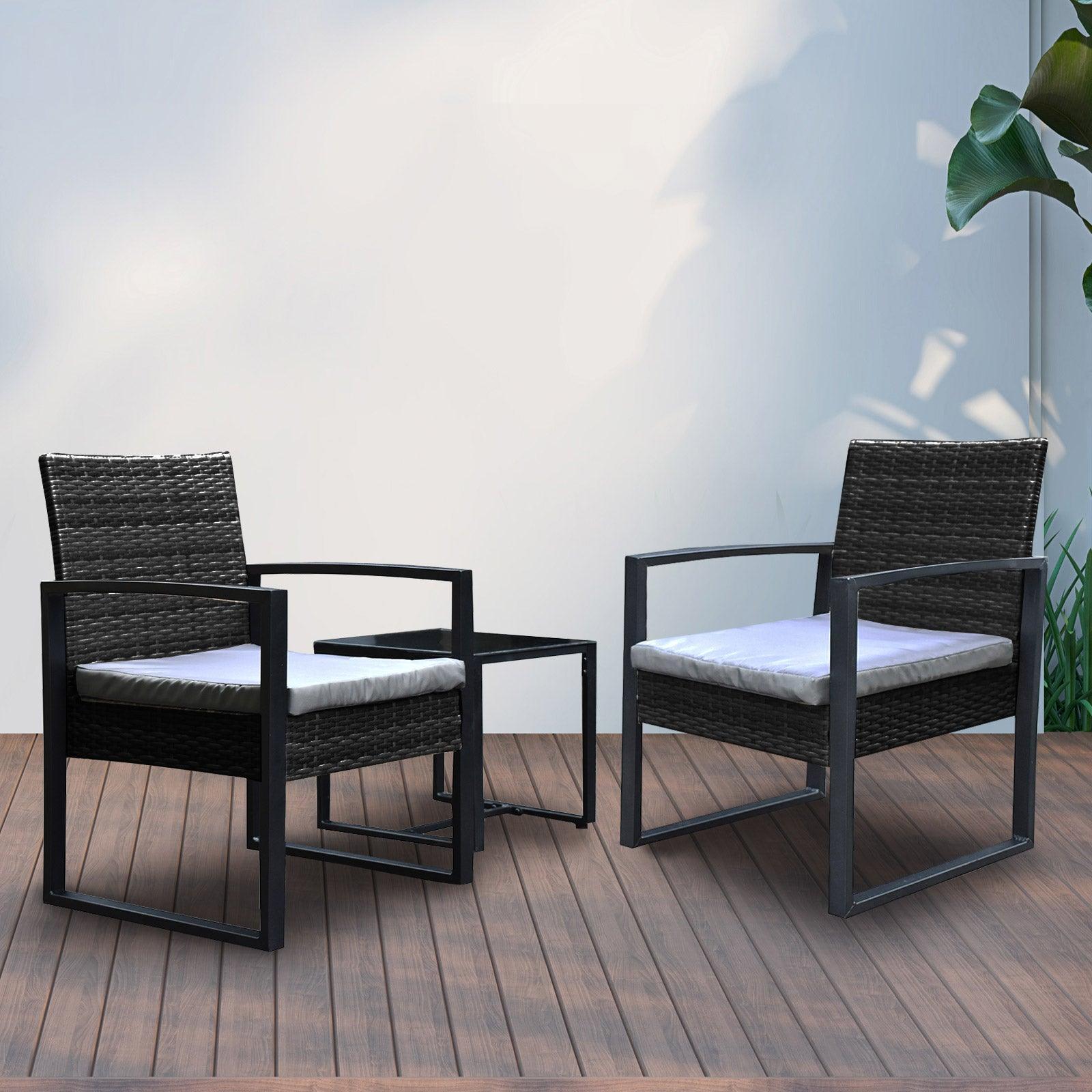 Arcadia Furniture Outdoor 3 Piece Wicker Rattan Patio Set Garden Patio Home - Black and Grey - John Cootes