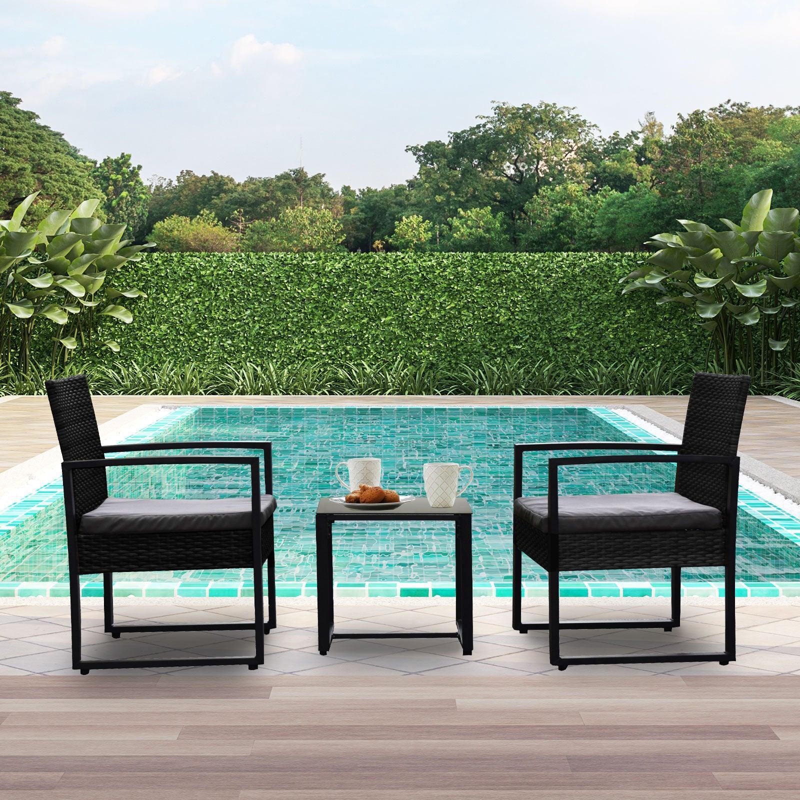 Arcadia Furniture Outdoor 3 Piece Wicker Rattan Patio Set Garden Patio Home - Black and Grey - John Cootes