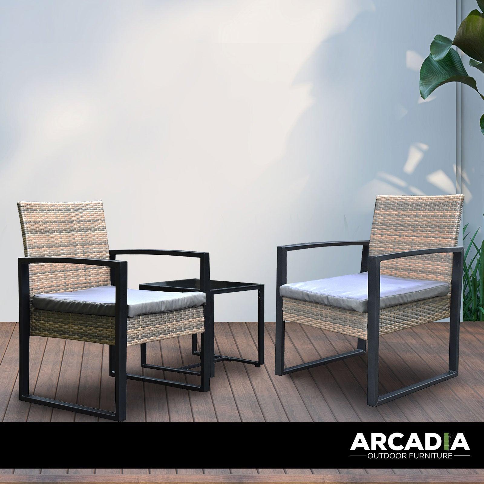 Arcadia Furniture Outdoor 3 Piece Wicker Rattan Patio Set Garden Patio Home - Oatmeal and Grey - John Cootes