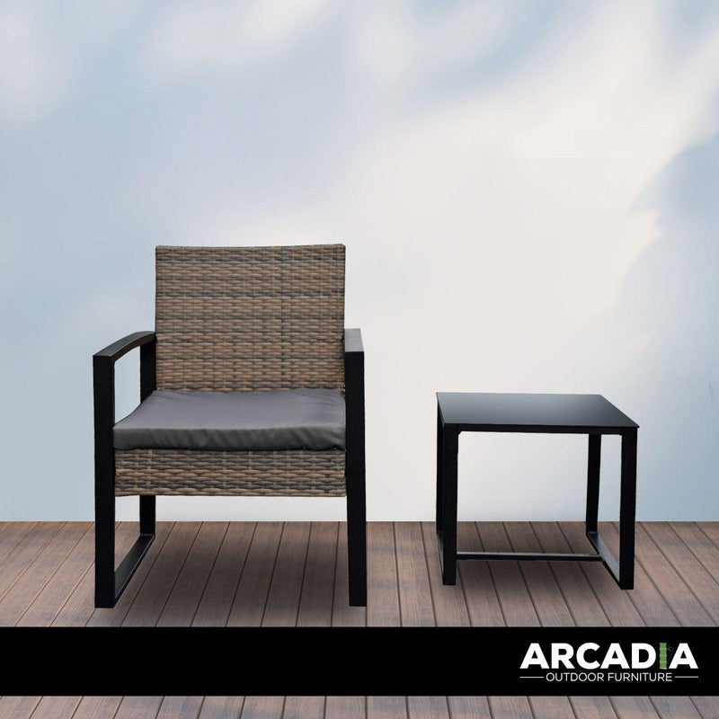 Arcadia Furniture Outdoor 3 Piece Wicker Rattan Patio Set Garden Patio Home - Oatmeal and Grey - John Cootes