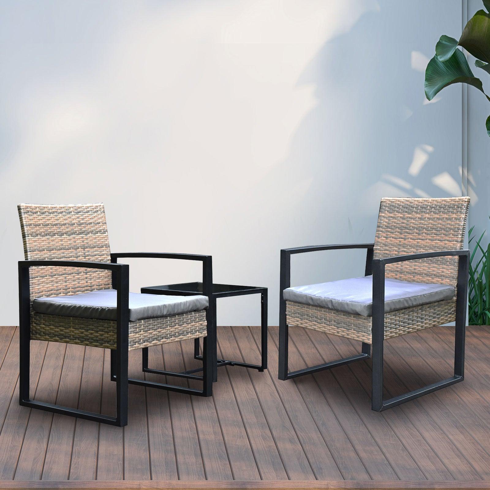 Arcadia Furniture Outdoor 3 Piece Wicker Rattan Patio Set Garden Patio Home - Oatmeal and Grey - John Cootes