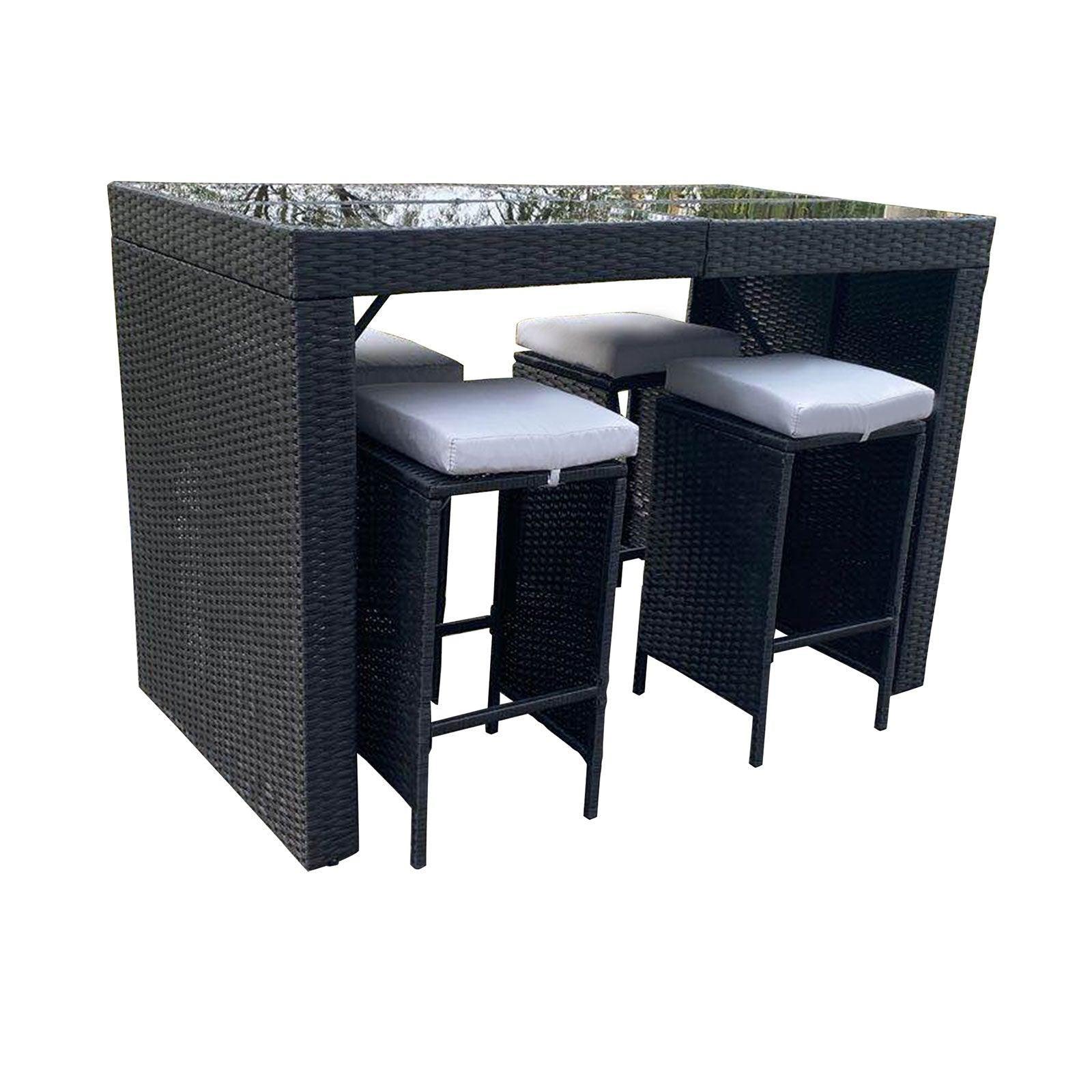 Arcadia Furniture Outdoor 5 Piece Bar Table Set Rattan and Cushions Patio Dining - Black and Grey - John Cootes