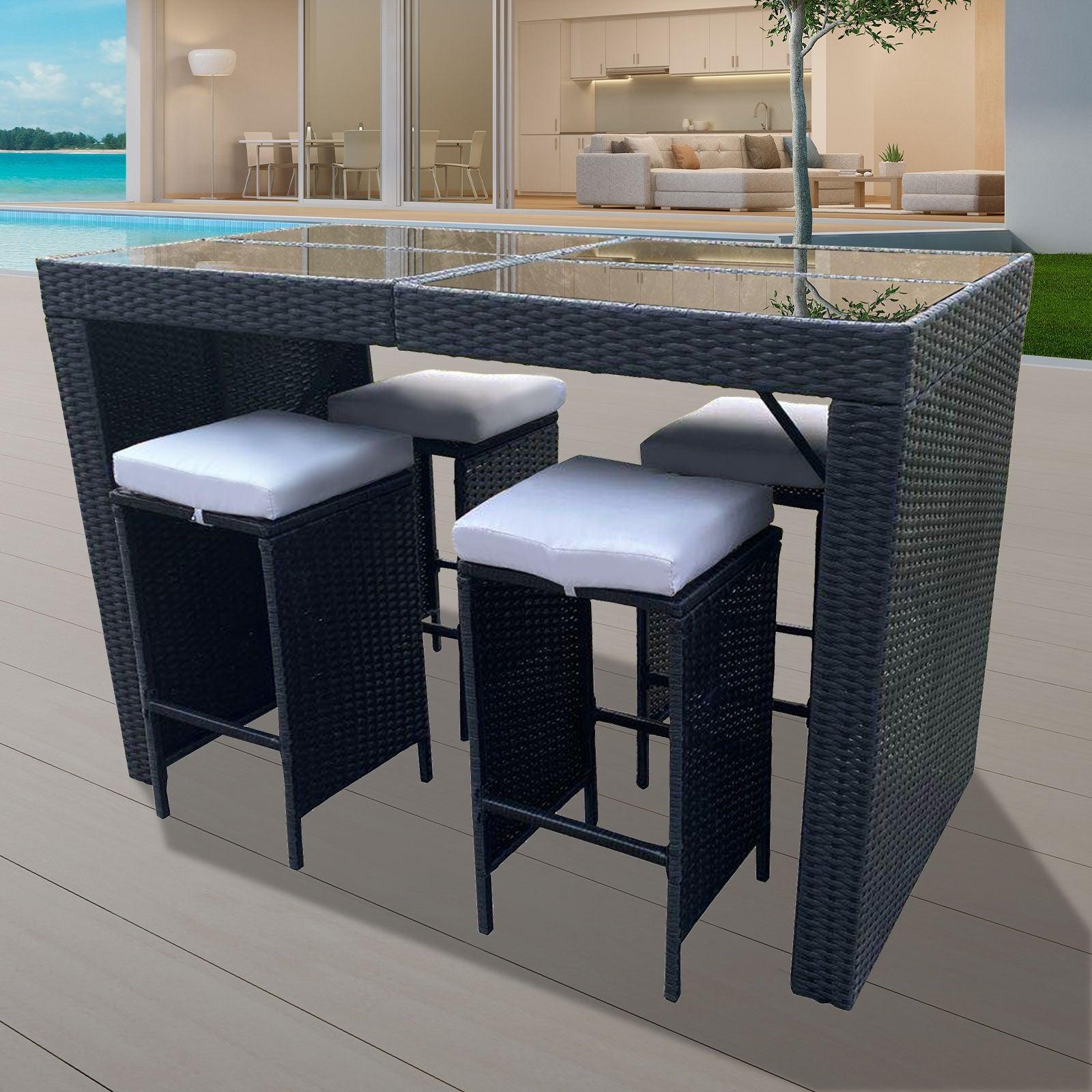 Arcadia Furniture Outdoor 5 Piece Bar Table Set Rattan and Cushions Patio Dining - Black and Grey - John Cootes