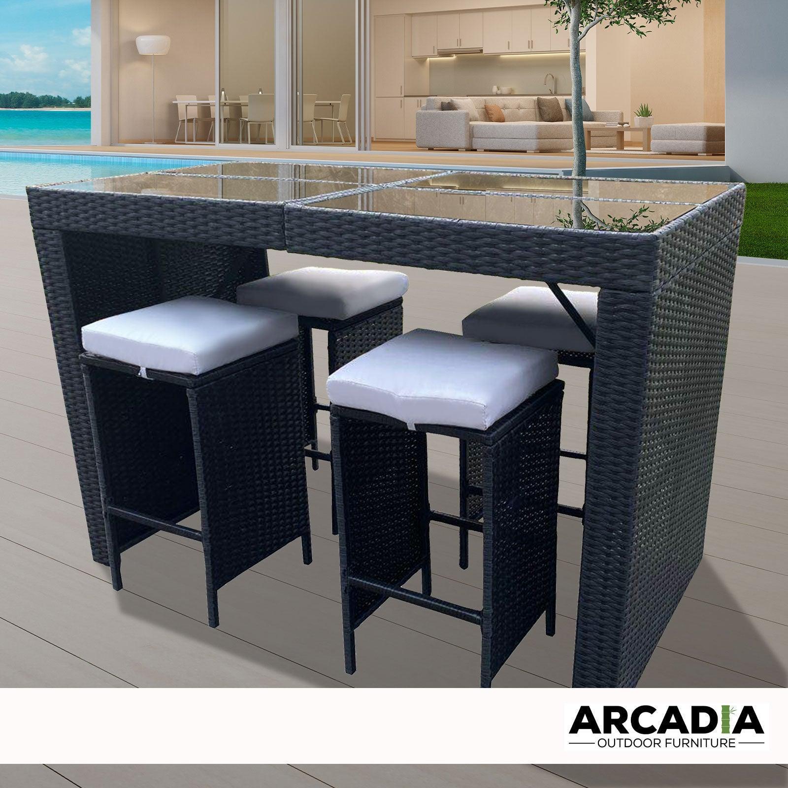 Arcadia Furniture Outdoor 5 Piece Bar Table Set Rattan and Cushions Patio Dining - Black and Grey - John Cootes