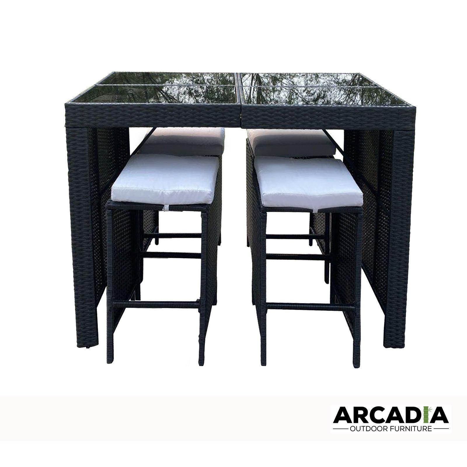 Arcadia Furniture Outdoor 5 Piece Bar Table Set Rattan and Cushions Patio Dining - Black and Grey - John Cootes