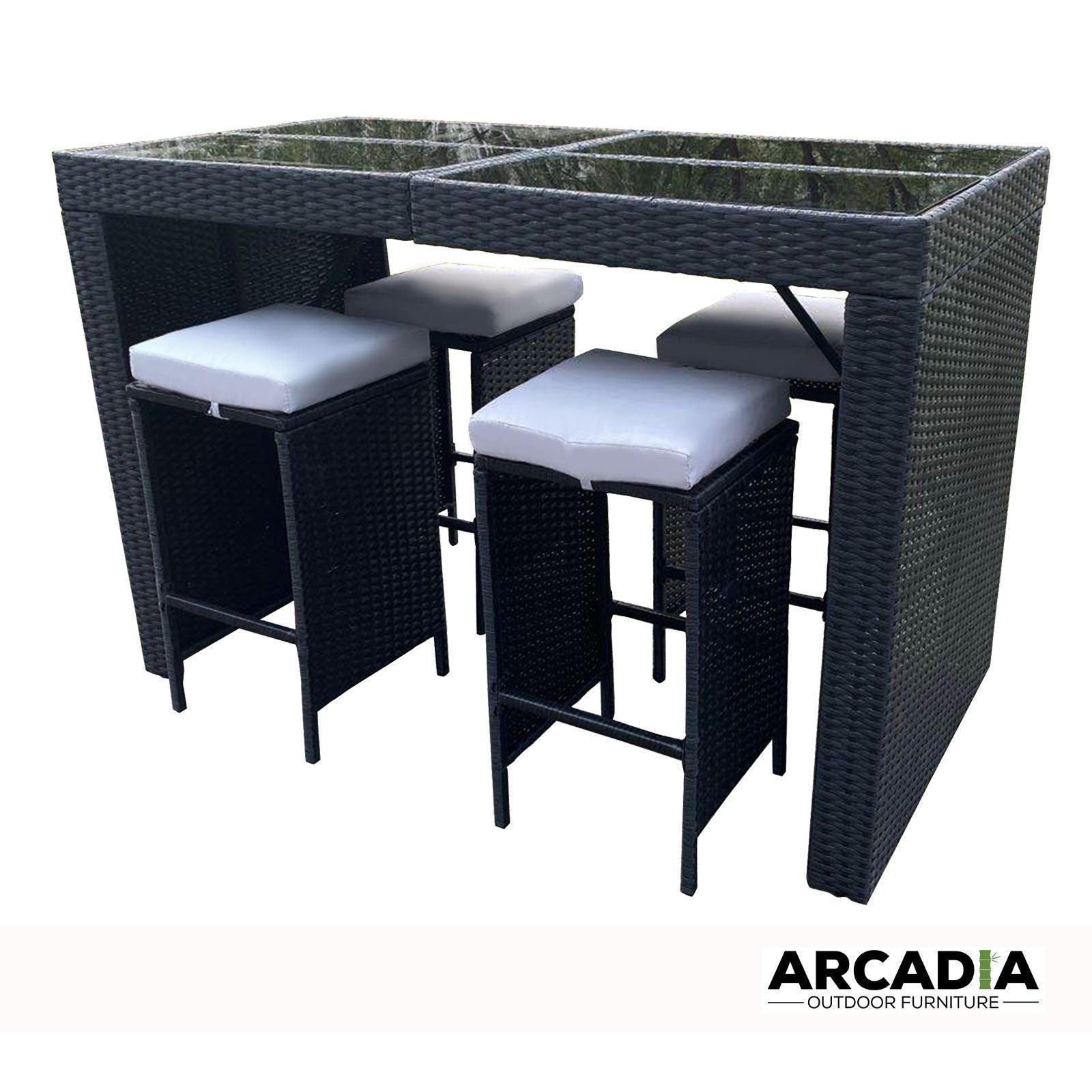 Arcadia Furniture Outdoor 5 Piece Bar Table Set Rattan and Cushions Patio Dining - Black and Grey - John Cootes