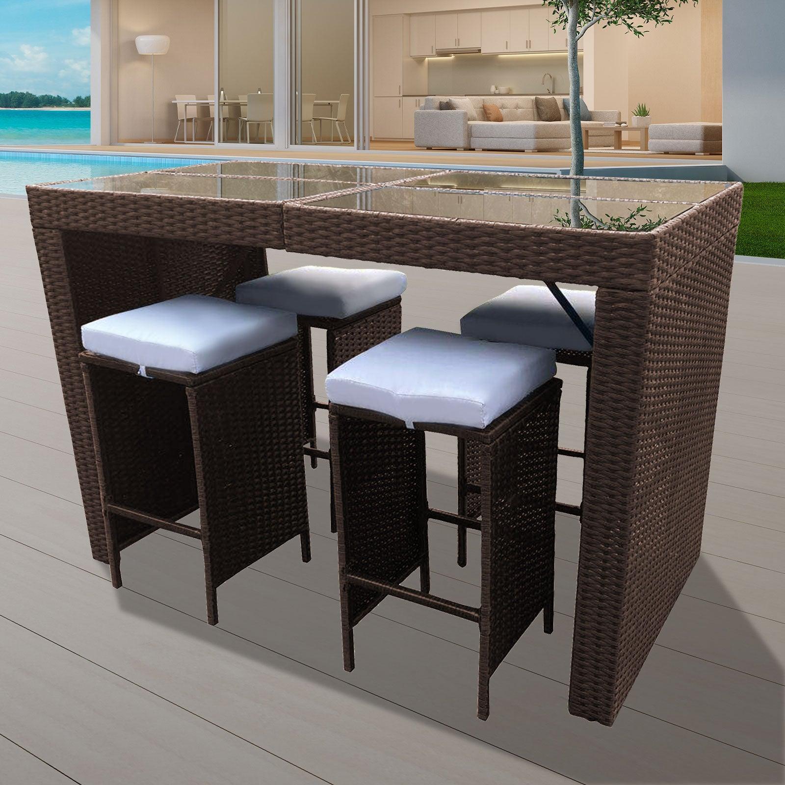 Arcadia Furniture Outdoor 5 Piece Bar Table Set Rattan and Cushions Patio Dining - Oatmeal and Grey - John Cootes