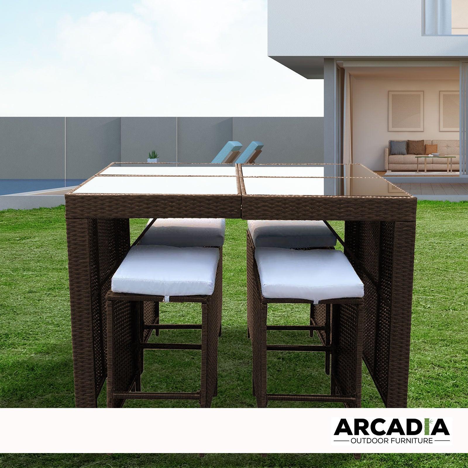 Arcadia Furniture Outdoor 5 Piece Bar Table Set Rattan and Cushions Patio Dining - Oatmeal and Grey - John Cootes