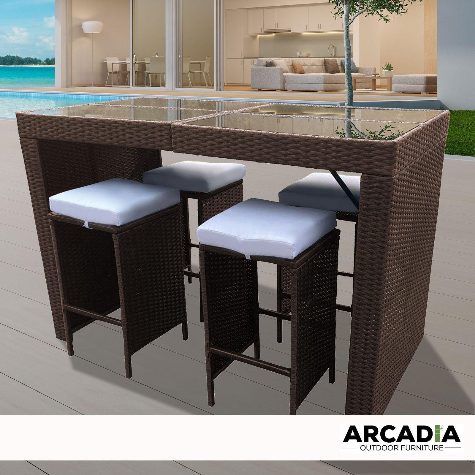 Arcadia Furniture Outdoor 5 Piece Bar Table Set Rattan and Cushions Patio Dining - Oatmeal and Grey - John Cootes