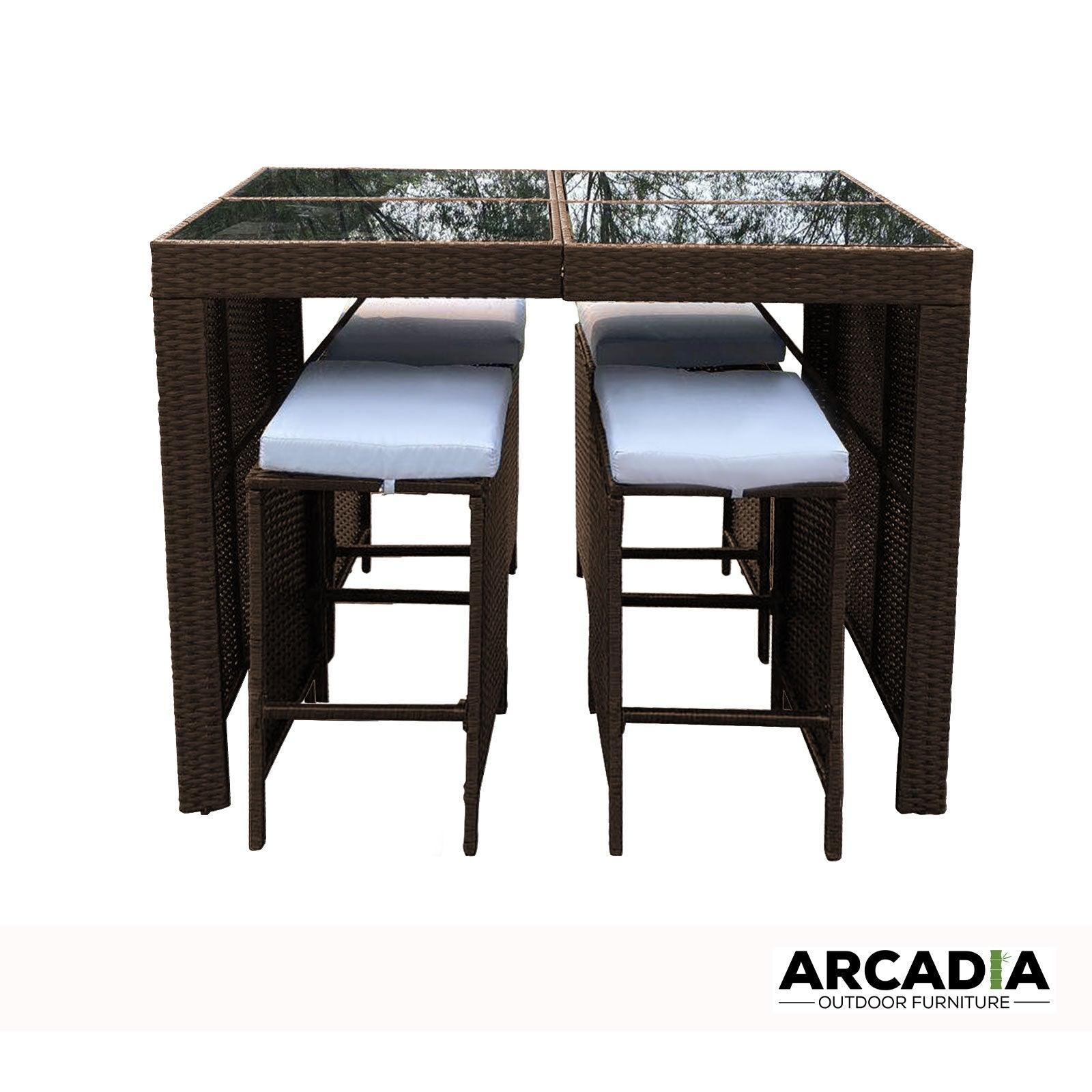 Arcadia Furniture Outdoor 5 Piece Bar Table Set Rattan and Cushions Patio Dining - Oatmeal and Grey - John Cootes