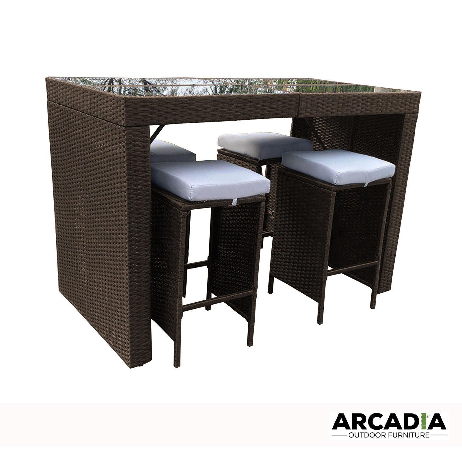 Arcadia Furniture Outdoor 5 Piece Bar Table Set Rattan and Cushions Patio Dining - Oatmeal and Grey - John Cootes