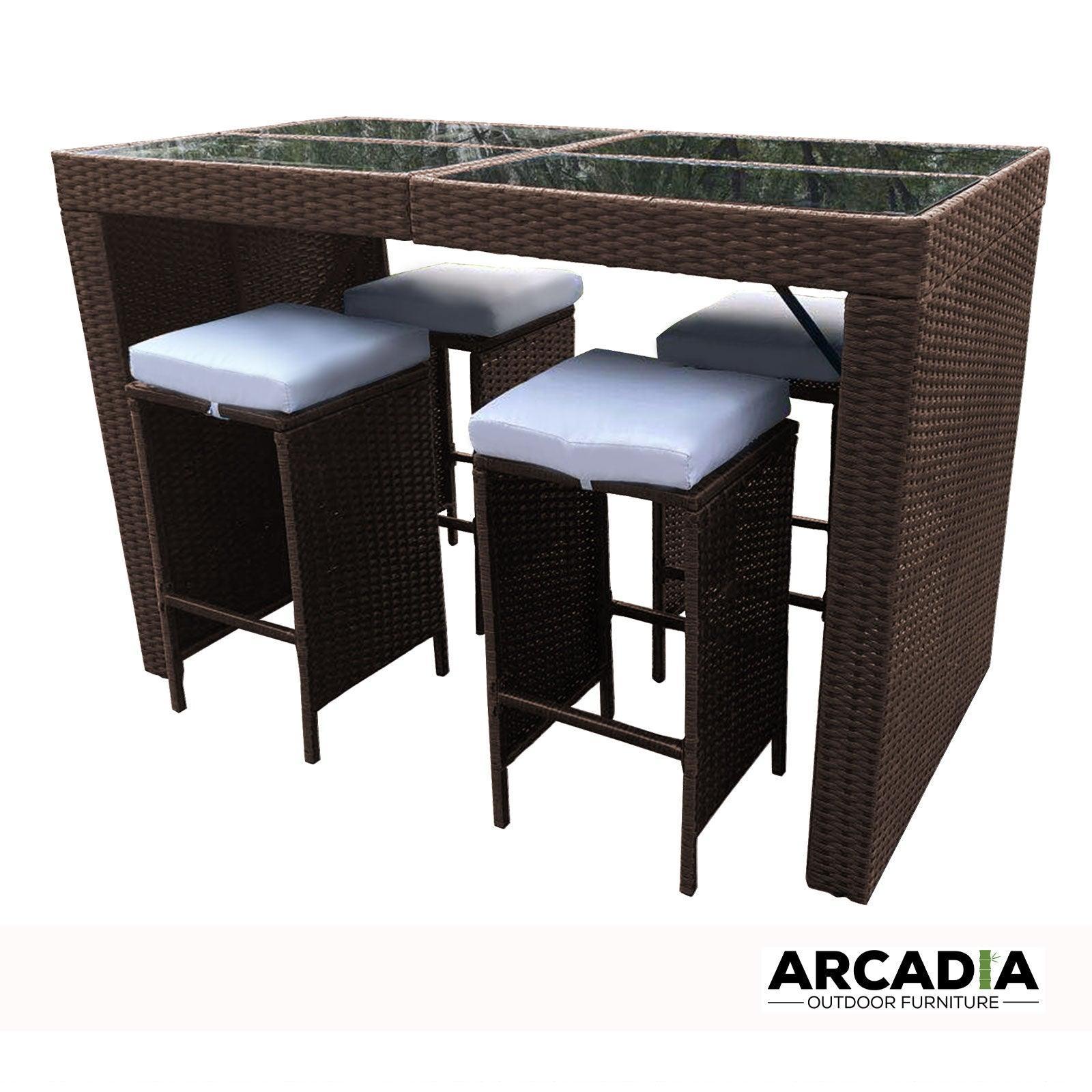 Arcadia Furniture Outdoor 5 Piece Bar Table Set Rattan and Cushions Patio Dining - Oatmeal and Grey - John Cootes