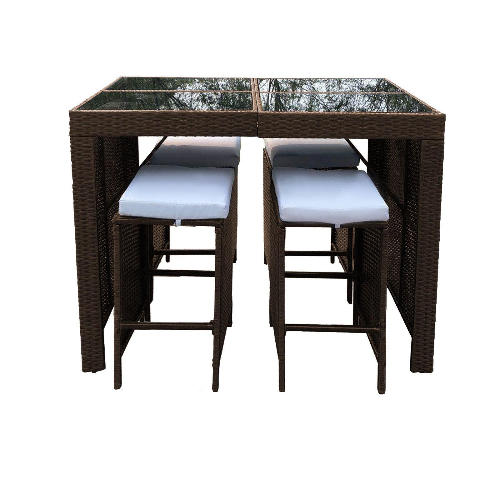 Arcadia Furniture Outdoor 5 Piece Bar Table Set Rattan and Cushions Patio Dining - Oatmeal and Grey - John Cootes