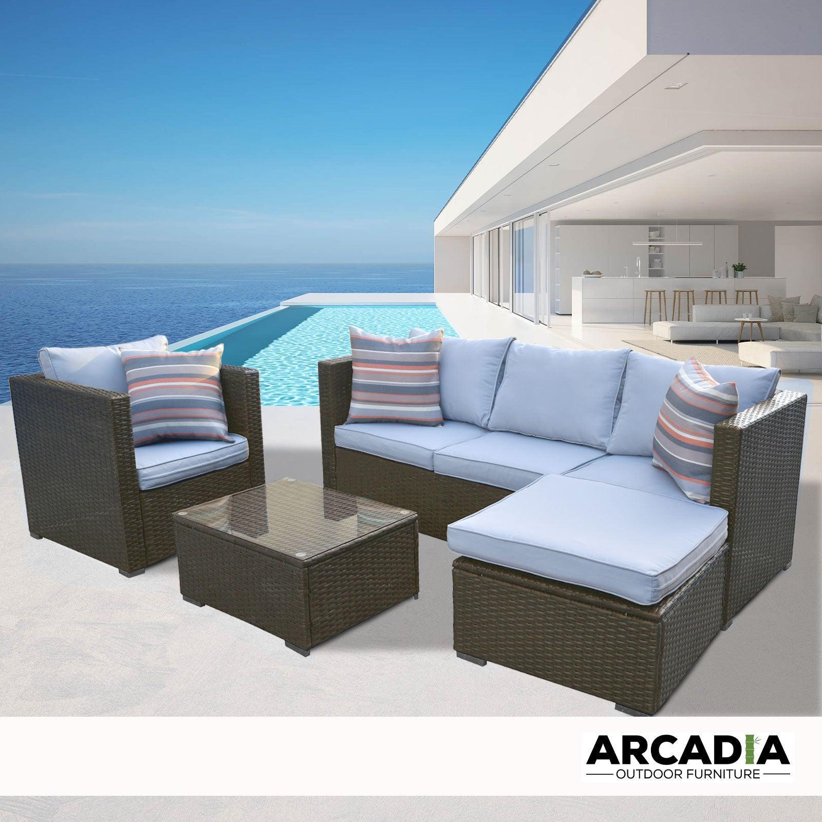 Arcadia Furniture Outdoor Rattan 4 Piece Sofa Lounge Set Home Garden Patio - Oatmeal and Grey - John Cootes