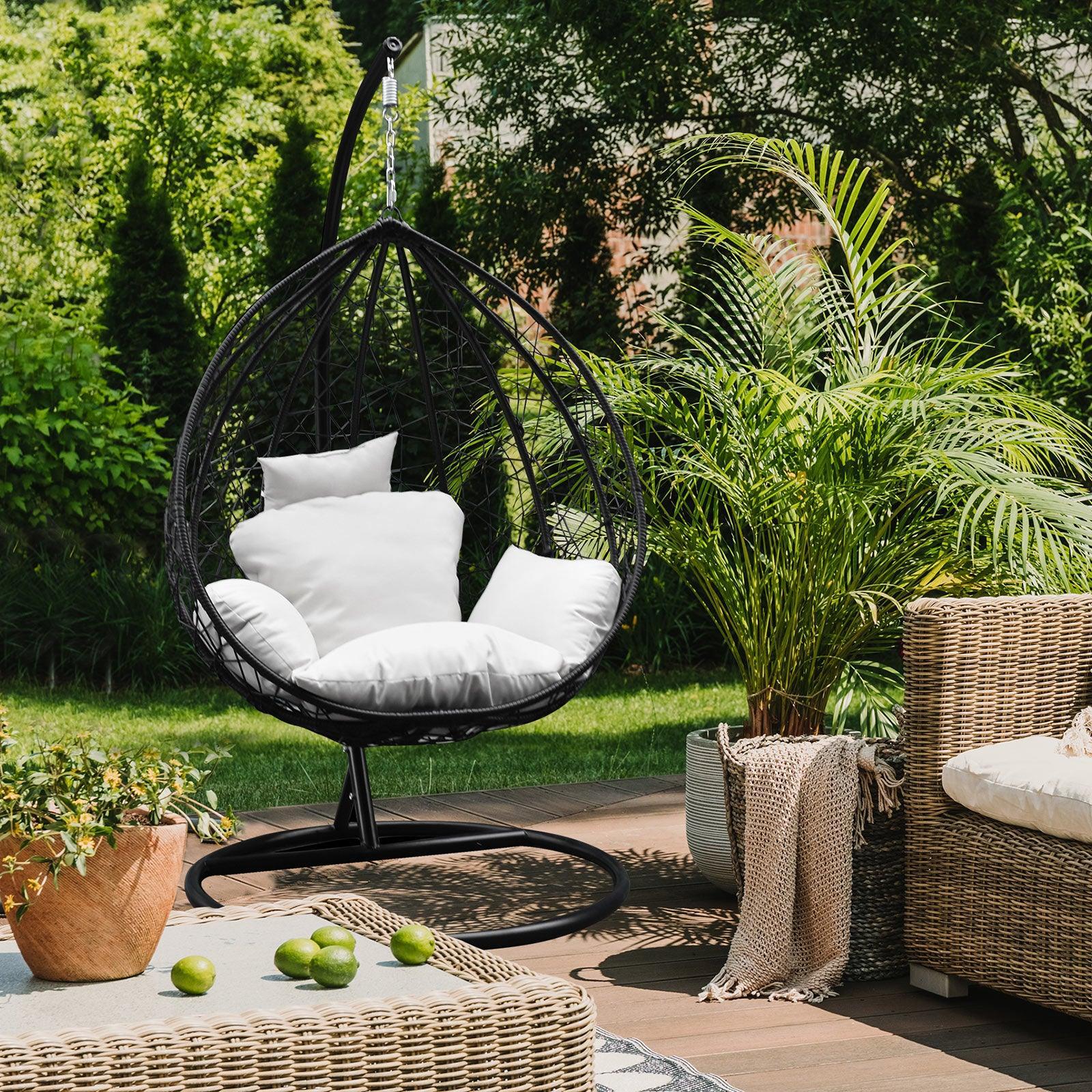 Arcadia Furniture Rocking Egg Chair Outdoor Wicker Rattan Patio Garden Tear Drop - Black and Cream - John Cootes