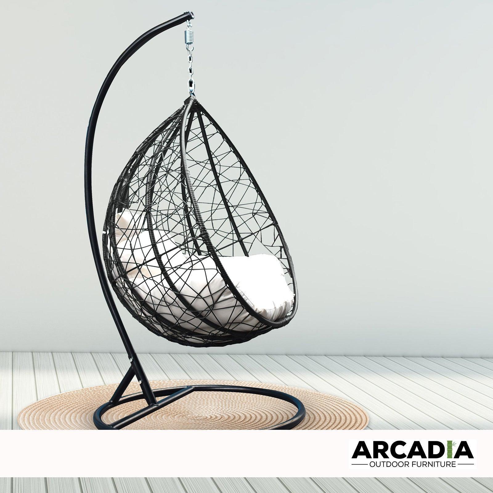 Arcadia Furniture Rocking Egg Chair Outdoor Wicker Rattan Patio Garden Tear Drop - Black and Cream - John Cootes