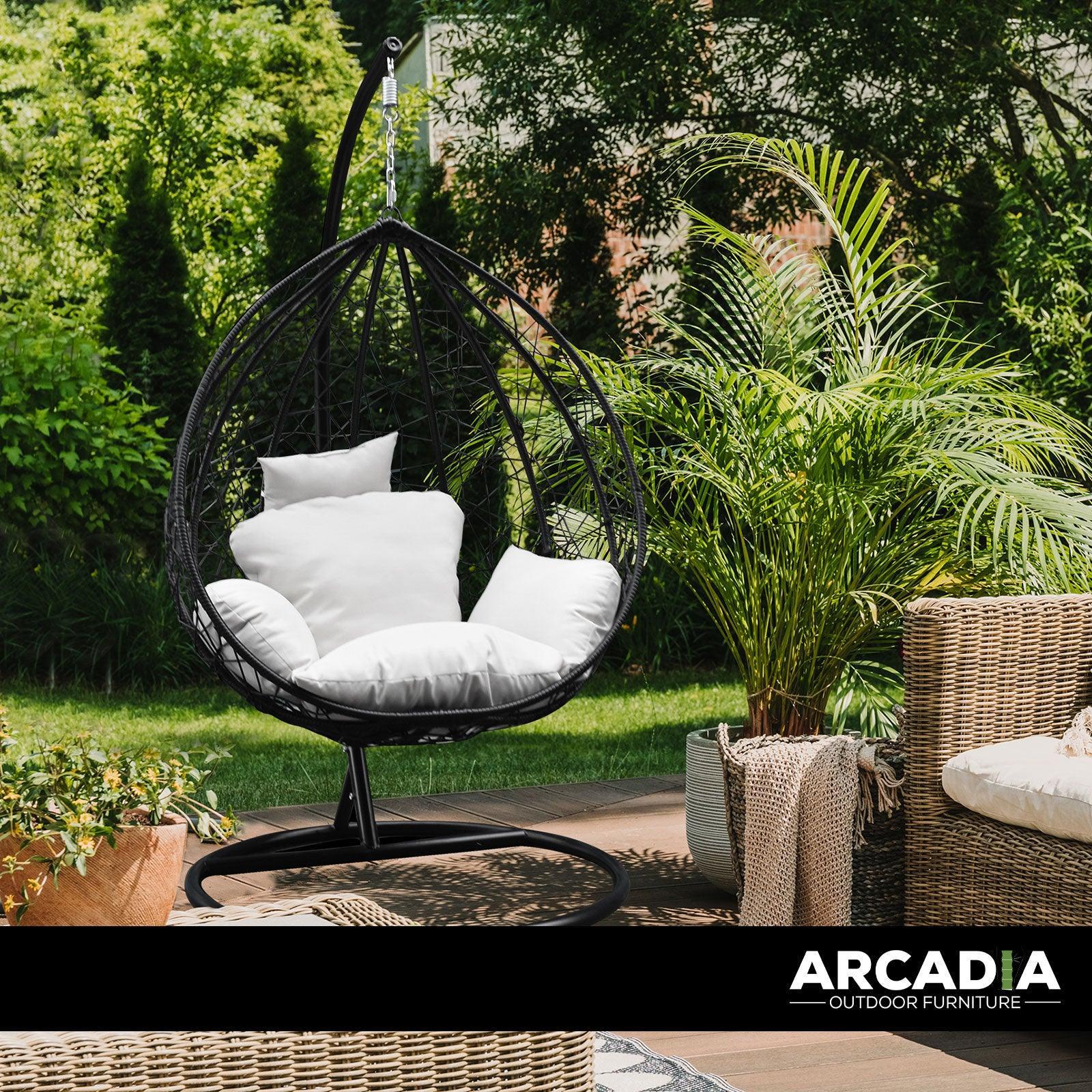 Arcadia Furniture Rocking Egg Chair Outdoor Wicker Rattan Patio Garden Tear Drop - Black and Cream - John Cootes