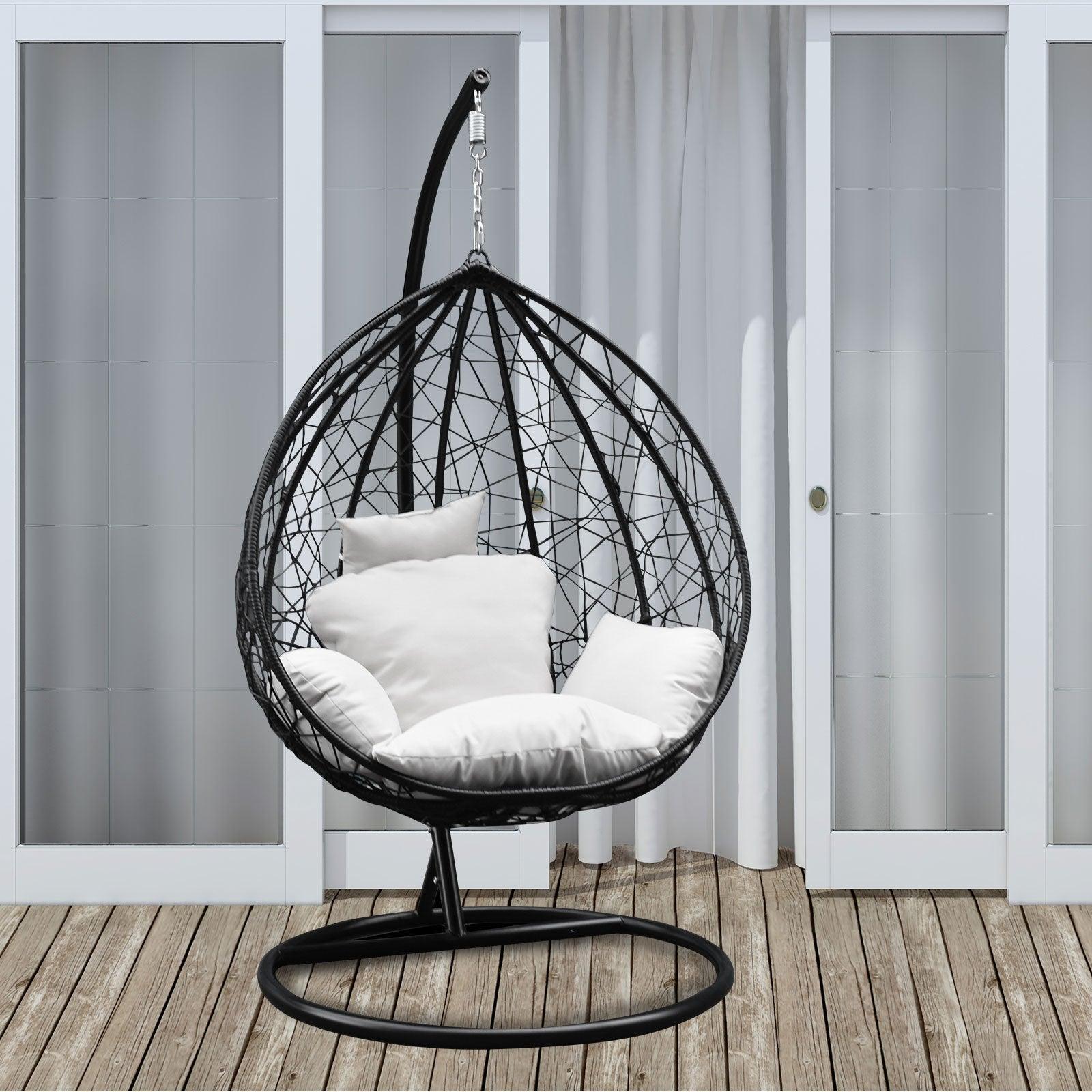 Arcadia Furniture Rocking Egg Chair Outdoor Wicker Rattan Patio Garden Tear Drop - Black and Cream - John Cootes