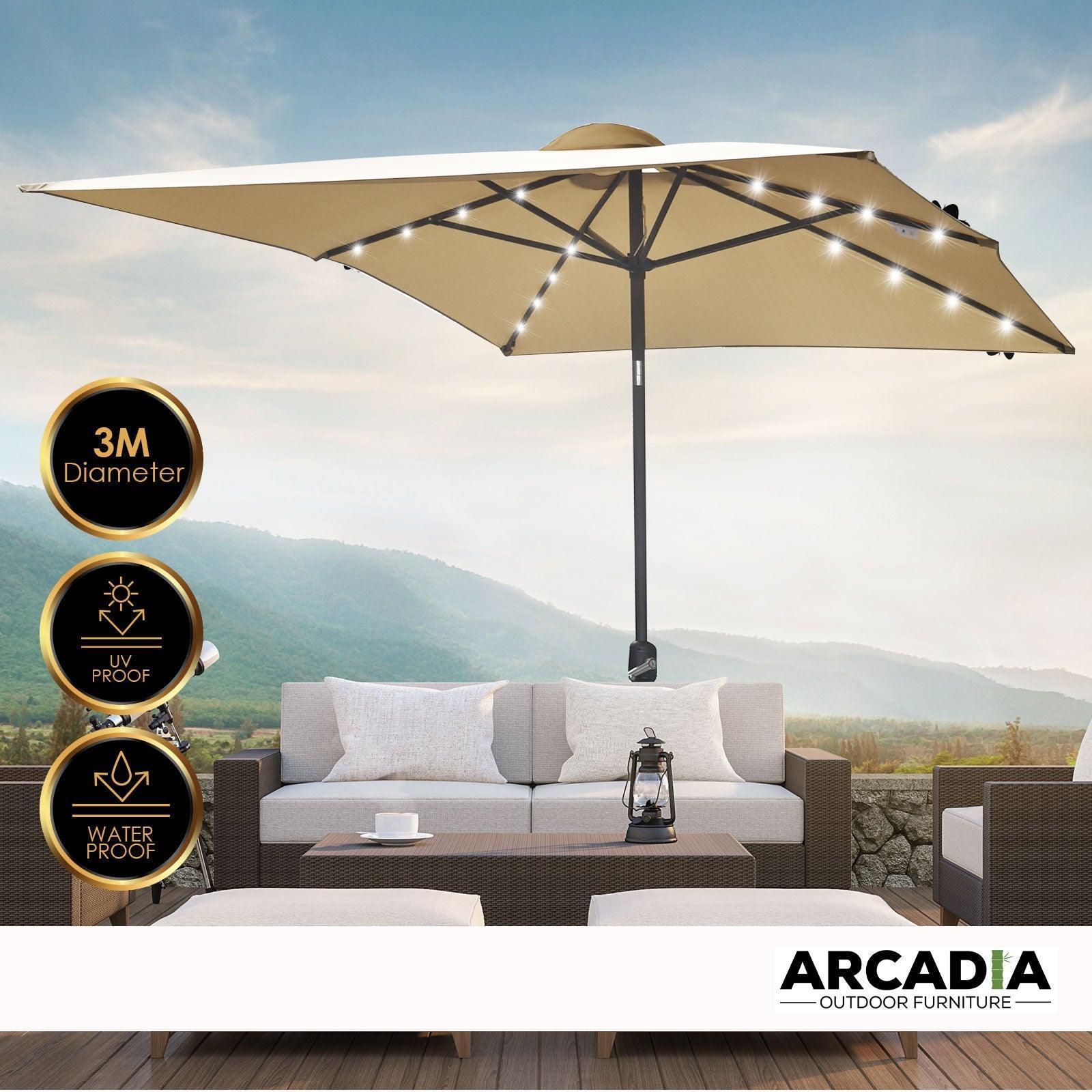 Arcadia Furniture Umbrella 3 Metre Umbrella with Solar LED Lights Garden Yard - Beige - John Cootes