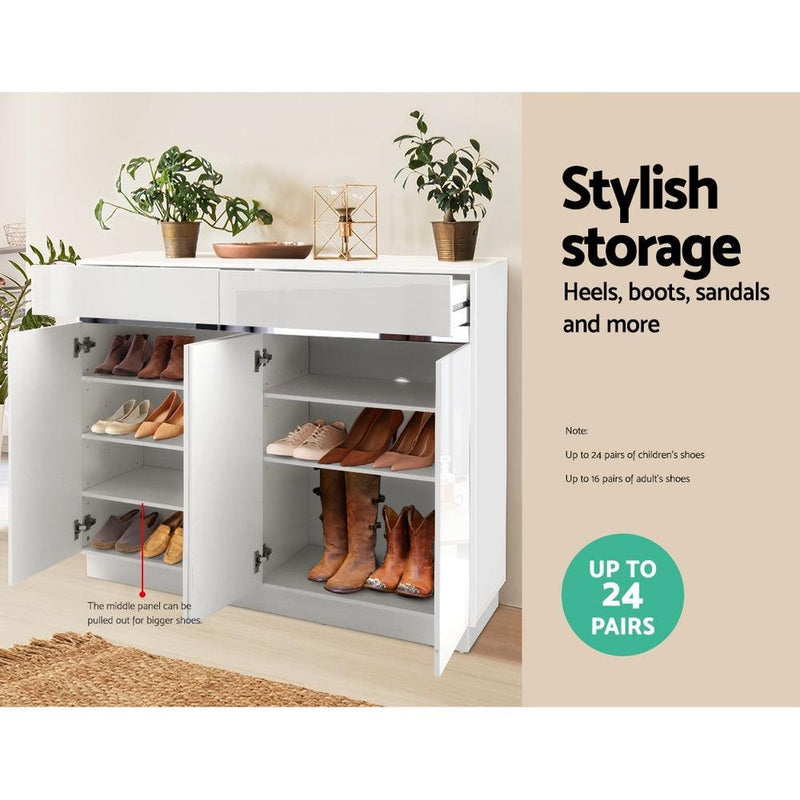 Artiss 120cm Shoe Cabinet Shoes Storage Rack High Gloss Cupboard White Drawers - John Cootes