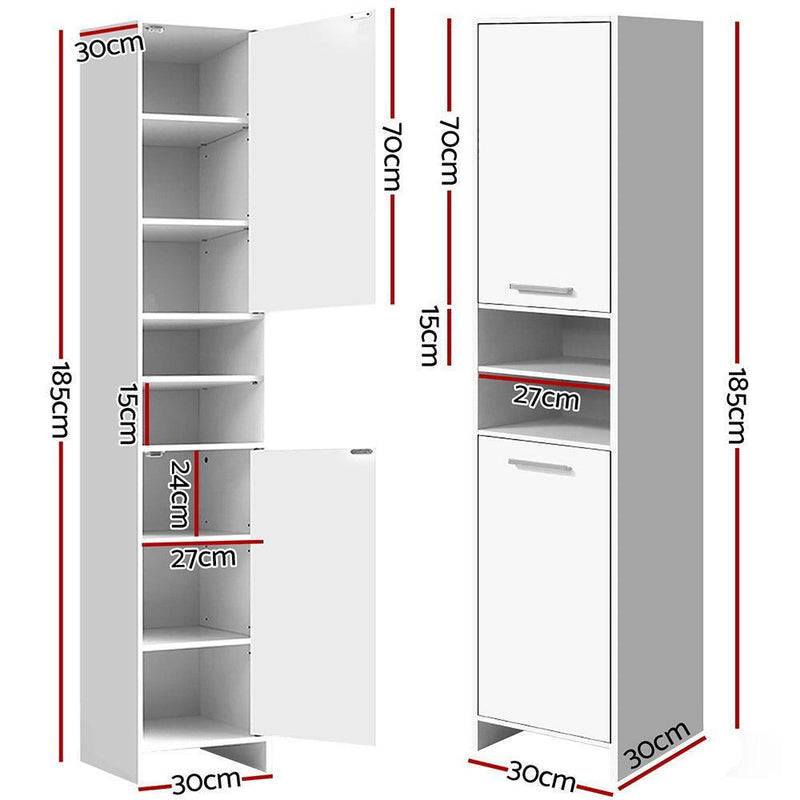 Artiss 185cm Bathroom Tallboy Toilet Storage Cabinet Laundry Cupboard Adjustable Shelf White - John Cootes