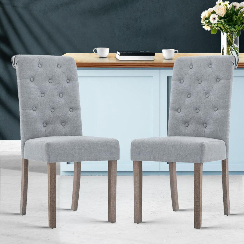 Artiss 2x Dining Chairs French Provincial Kitchen Cafe Fabric Padded High Back Pine Wood Light Grey - John Cootes