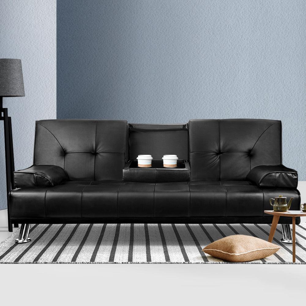 Artiss 3 Seater PU Leather Sofa Bed - Black - John Cootes