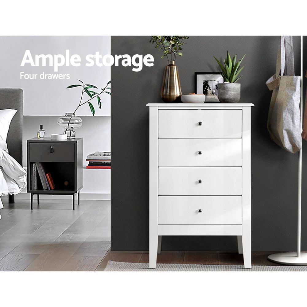 Artiss 4 Chest of Drawers Tallboy Storage Cabinet Bedside Table Dresser White - John Cootes