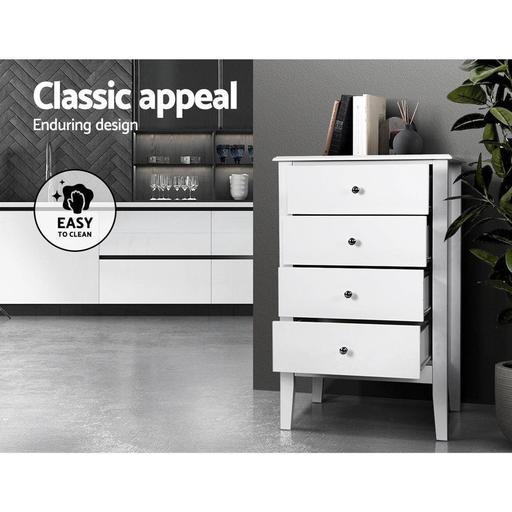 Artiss 4 Chest of Drawers Tallboy Storage Cabinet Bedside Table Dresser White - John Cootes