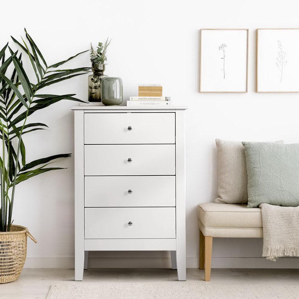 Artiss 4 Chest of Drawers Tallboy Storage Cabinet Bedside Table Dresser White - John Cootes