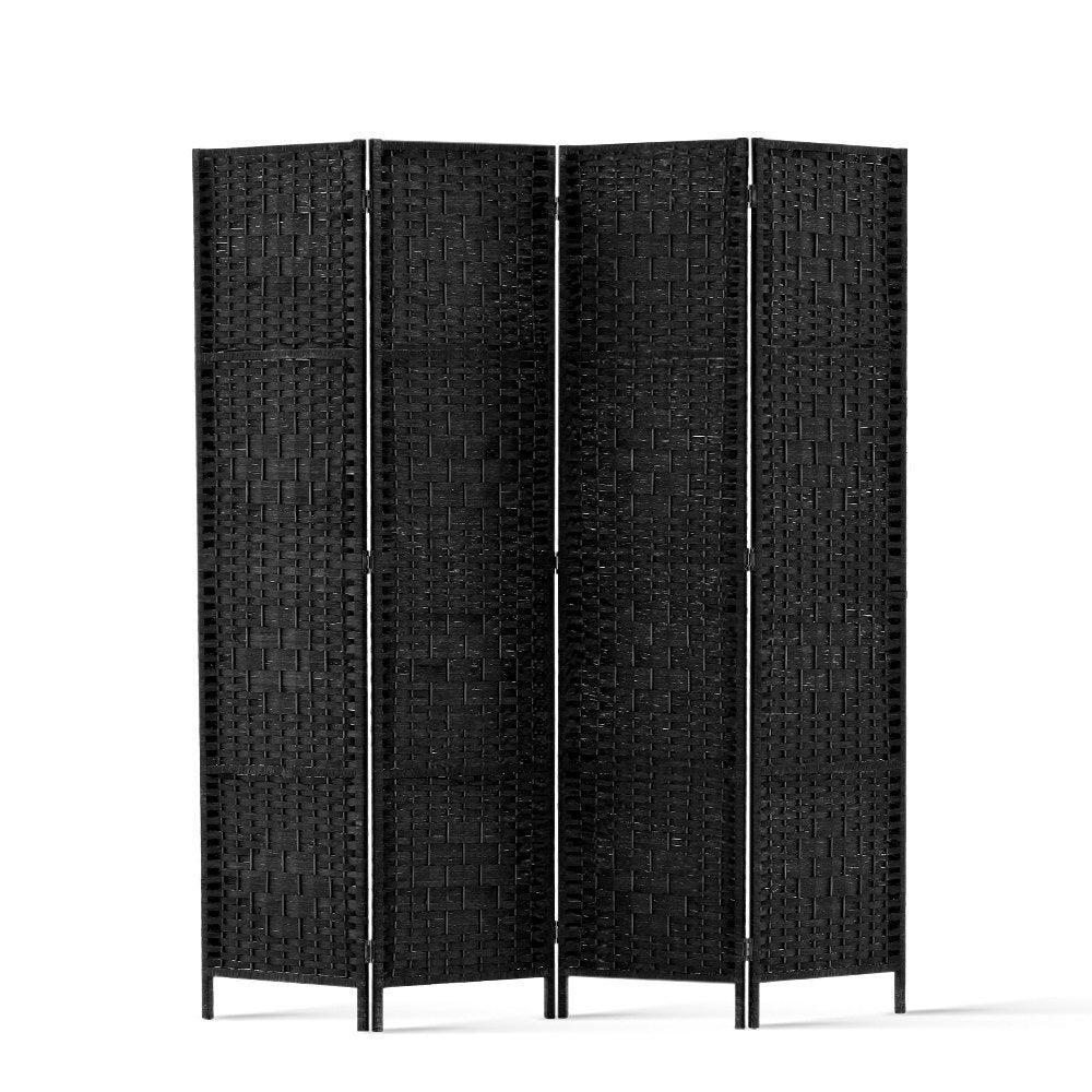 Artiss 4 Panel Room Divider Privacy Screen Rattan Woven Wood Stand Black - John Cootes