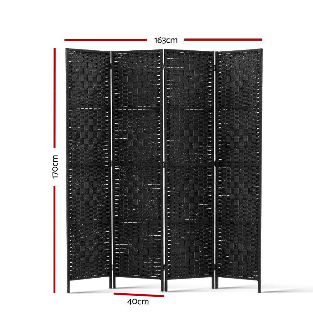 Artiss 4 Panel Room Divider Privacy Screen Rattan Woven Wood Stand Black - John Cootes