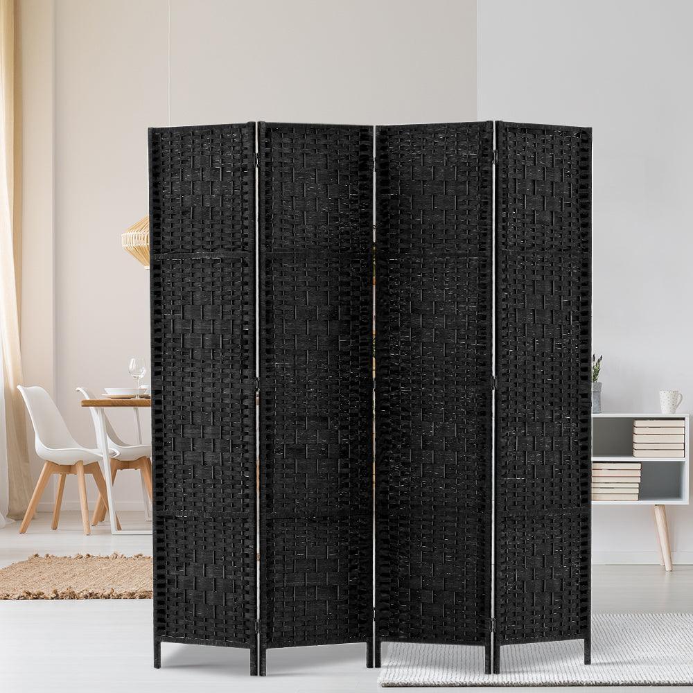 Artiss 4 Panel Room Divider Privacy Screen Rattan Woven Wood Stand Black - John Cootes