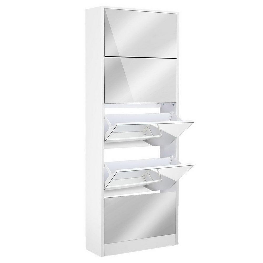 Artiss 5 Drawer Mirrored Wooden Shoe Cabinet - White - John Cootes