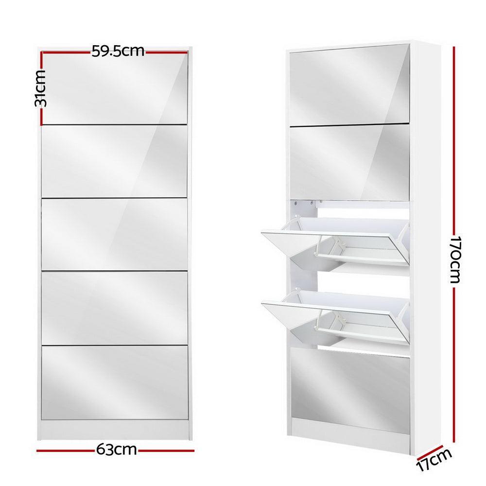 Artiss 5 Drawer Mirrored Wooden Shoe Cabinet - White - John Cootes