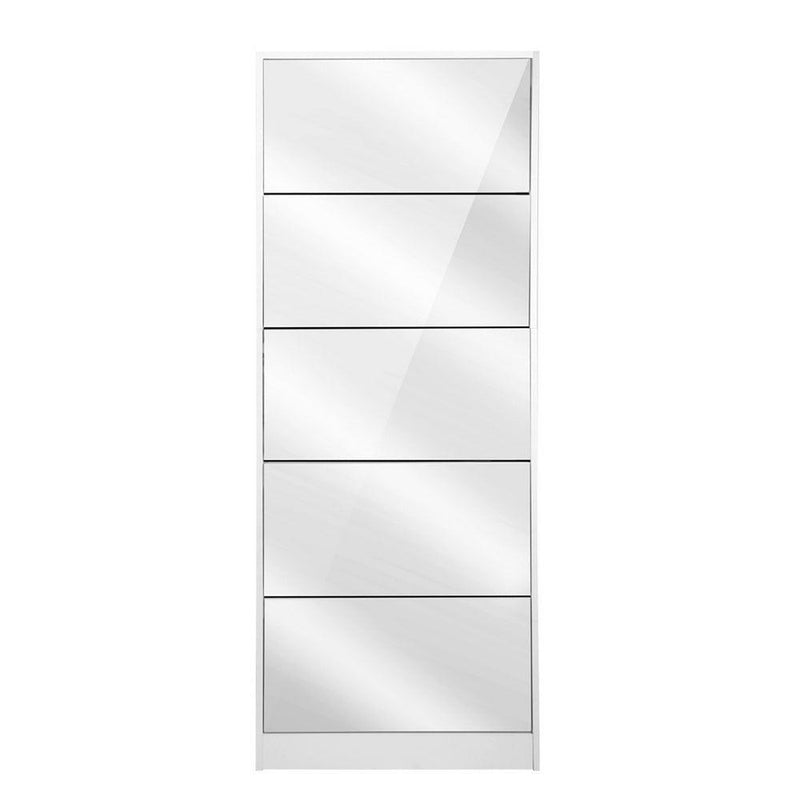 Artiss 5 Drawer Mirrored Wooden Shoe Cabinet - White - John Cootes