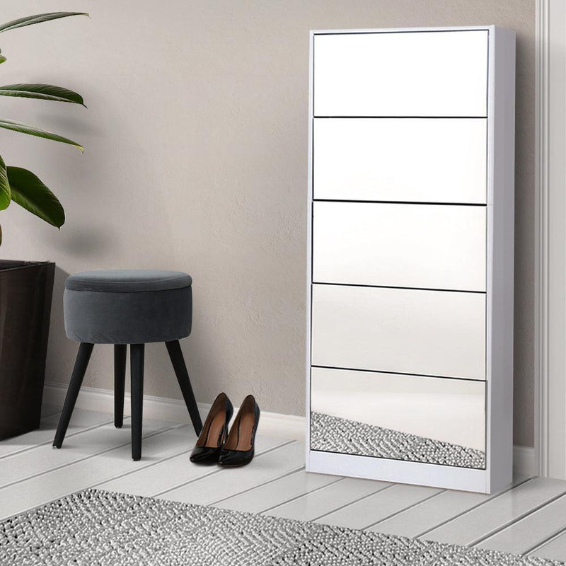Artiss 5 Drawer Mirrored Wooden Shoe Cabinet - White - John Cootes