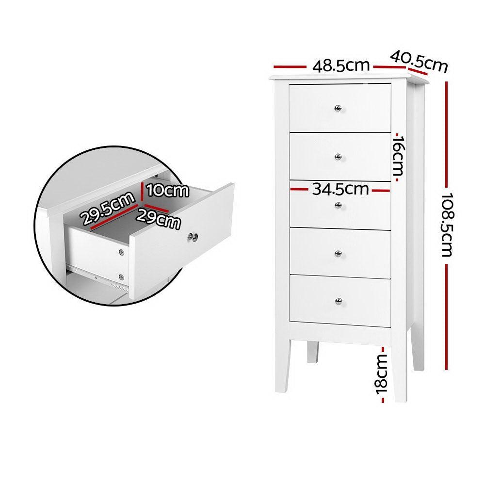 Artiss 5 Tallboy Chest of Drawers Storage Cabinet Bedside Table Dresser White - John Cootes