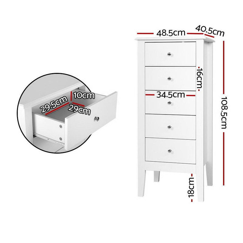 Artiss 5 Tallboy Chest of Drawers Storage Cabinet Bedside Table Dresser White - John Cootes